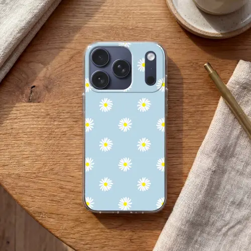 Madeliefjes - Pastel - Wit - Blauw - Bloemen Telefoonhoesje iPhone 17 Pro klein -sfeer1