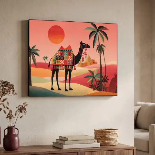 Kameel - Gekleurd tapijt - Duinen - Rode zon Textielframe zwart klein -sfeer3