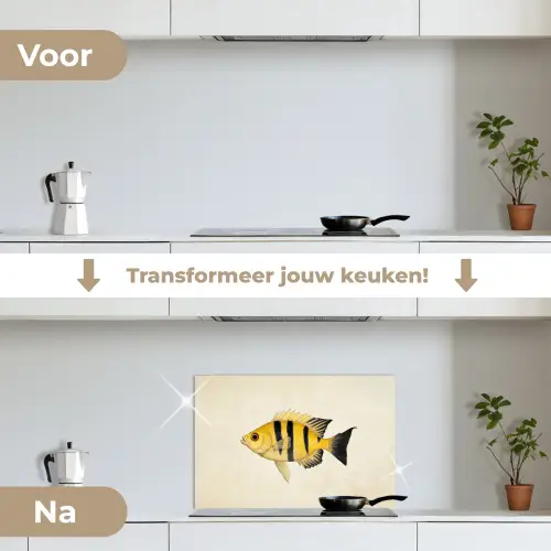 Geel - Vis - Strepen - Tropisch keuken achterwand spatscherm klein -voor_na_NL