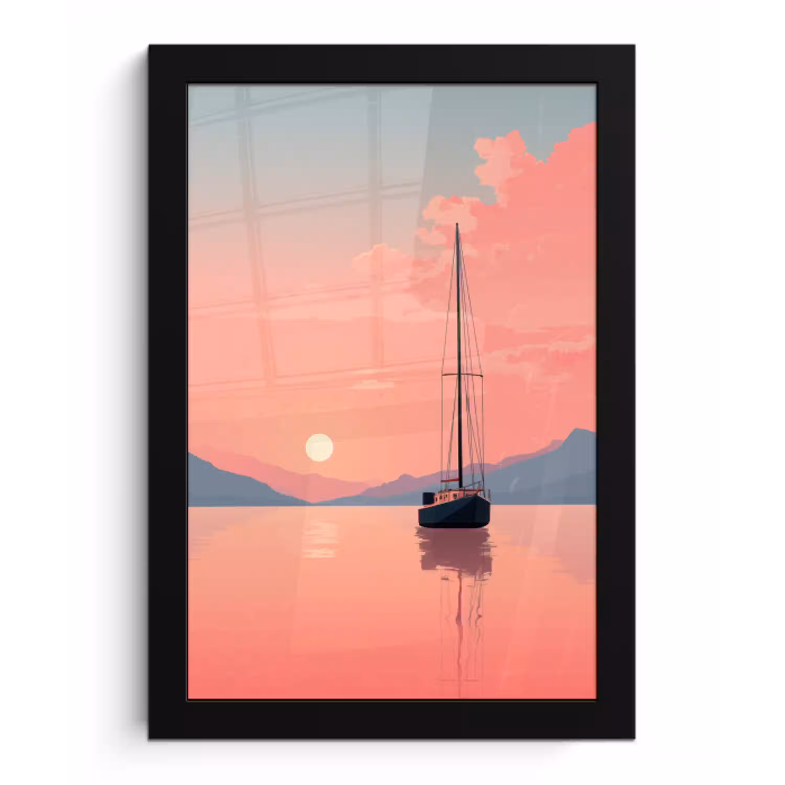 Zeilboot - Roze zee - Zonsondergang - Bergen fotolijst zwart zonder passe partout klein -3d