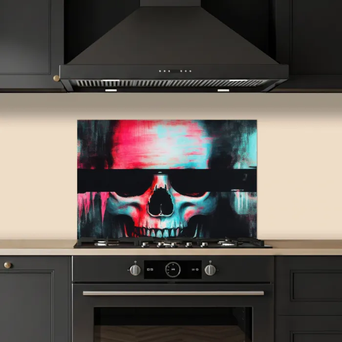 Schedels - Glitch - Cyberpunk keuken achterwand spatscherm klein -sfeer1