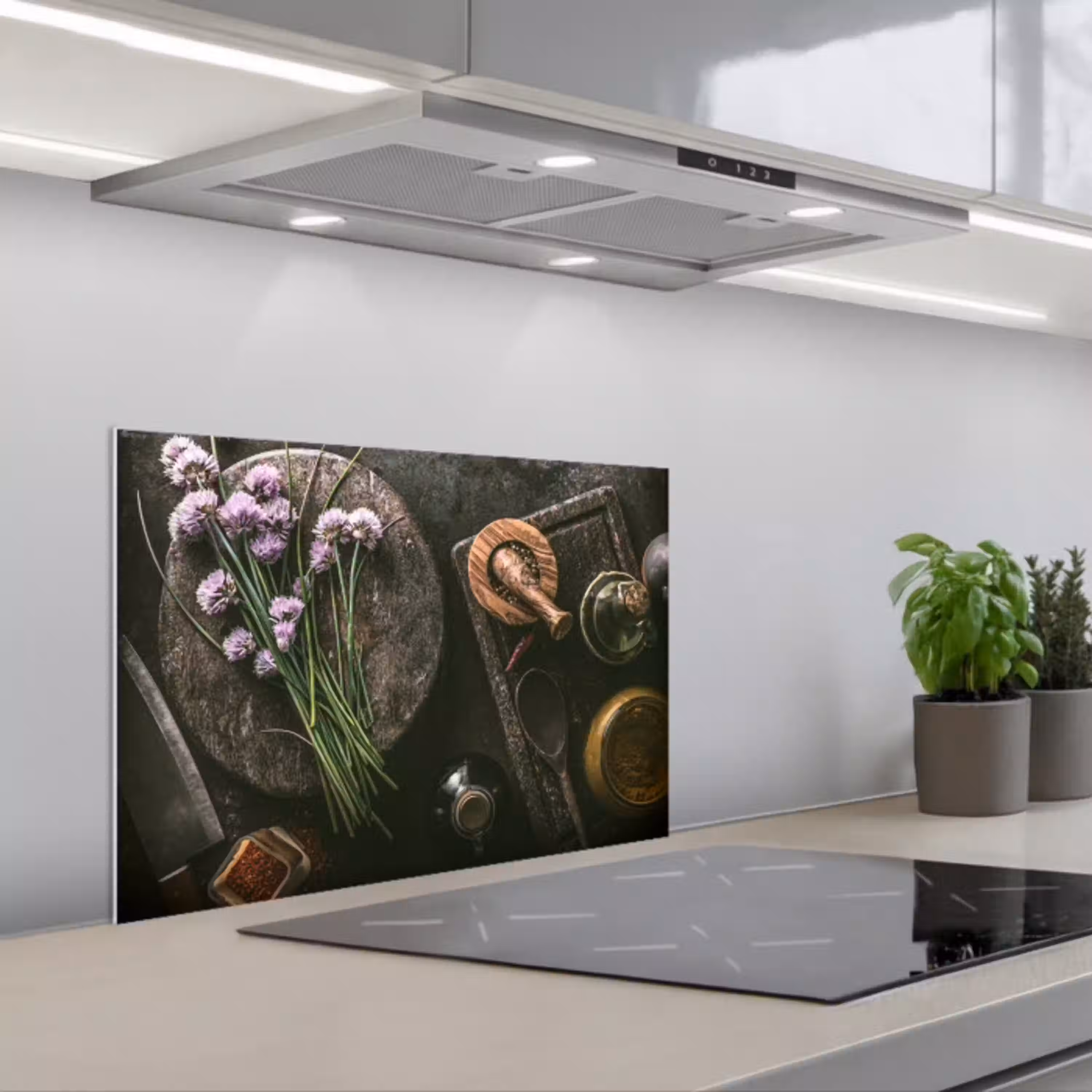 Bieslook - Keuken - Vijzel - Rustiek - Kruiden - Paars keuken achterwand spatscherm klein -3d_schuin