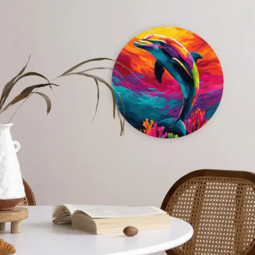 Dolfijn - Kleurrijk - Oceaan - Koraal Wandcirkel plexiglas klein -sfeer4