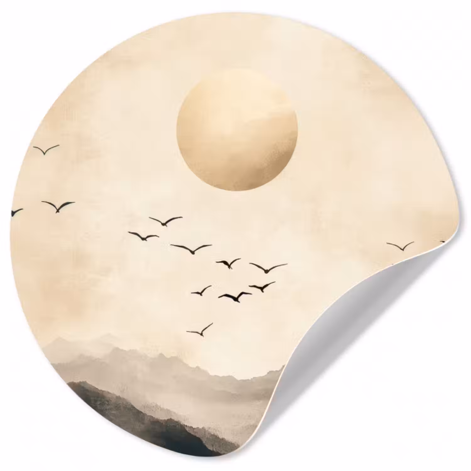 Runde Tapete - Landschaft - Japandi - Vogel