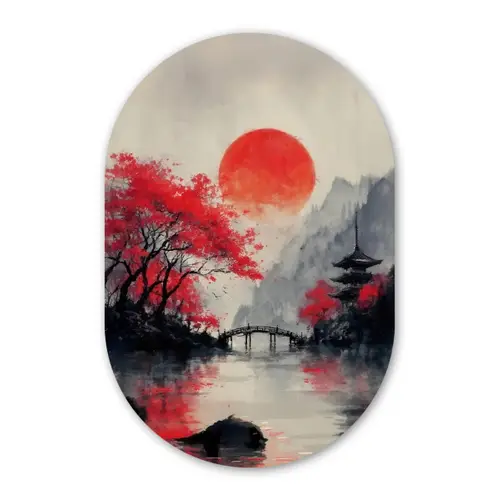 Rode zon - Rivier - brug - Bomen Wandcirkel Ovaal Forex klein -3d