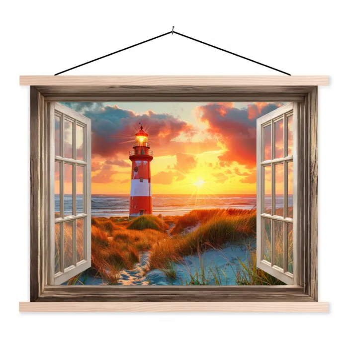 Doorkijk - Raam - Vuurtoren - Zonsondergang - Strand textielposter latten blank klein -3d