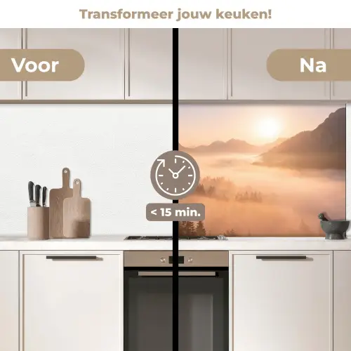 Zonlicht - Mist - Bergen - Bomen keuken achterwand 2 middel -voor-na2_NL