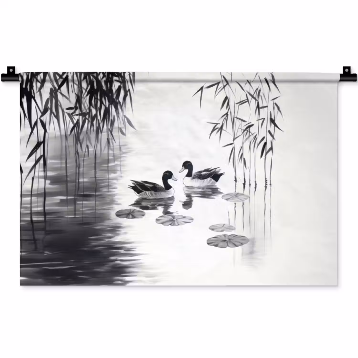 Wandkleed - Eenden - Waterlelies - Riet - Zwart
