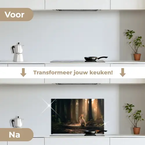 Konijn - Bos - Zonnestralen keuken achterwand spatscherm klein -voor_na_NL