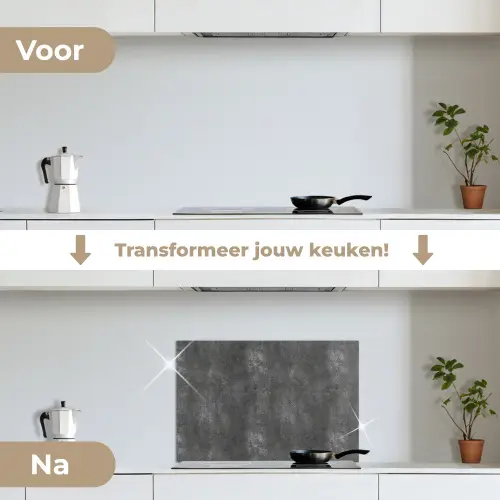 Donkergrijs - Ruw - Beton keuken achterwand spatscherm klein 900 -voor_na_NL