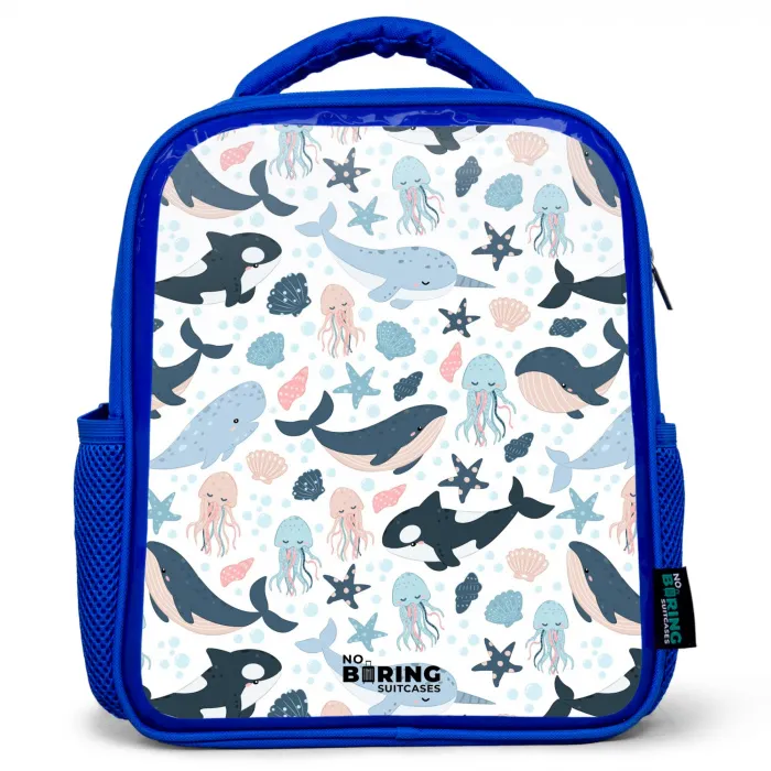 Zeedierenpatroon met walvissen, kwallen en orka's Kinderrugzak - Blauw middel -3d