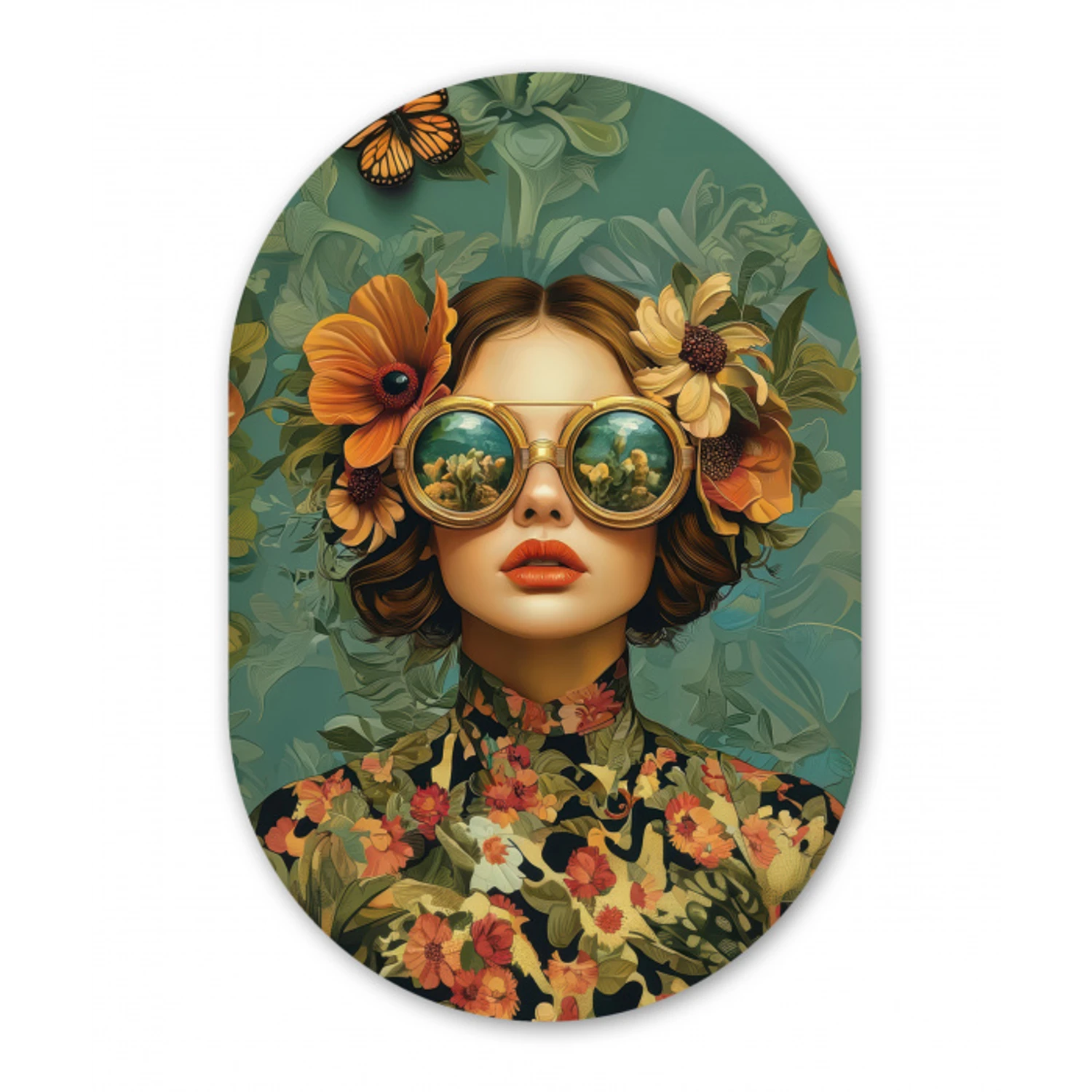 Vrouw - Bloemen - Vlinders - Natuur - Vintage Wandcirkel Ovaal Glas middel -3d