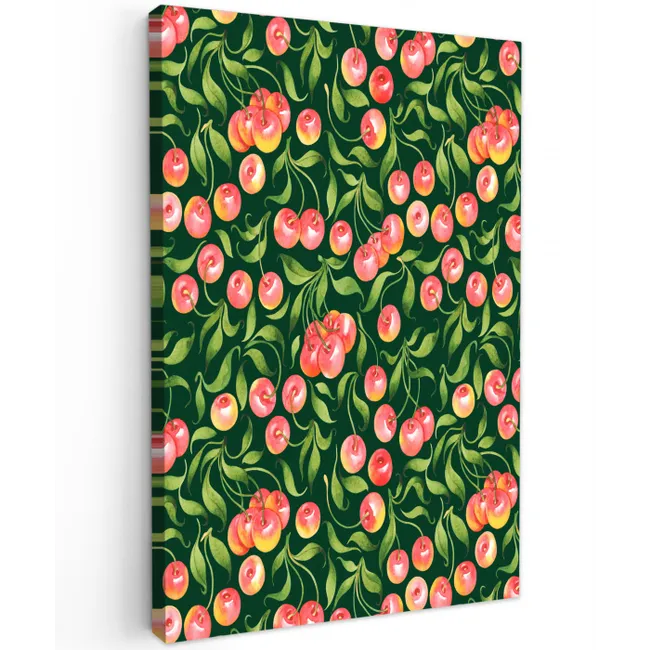 Groen - Rode - Kersen - Bladeren Tuinposter op houten frame 2 cm dik klein 841 -3d