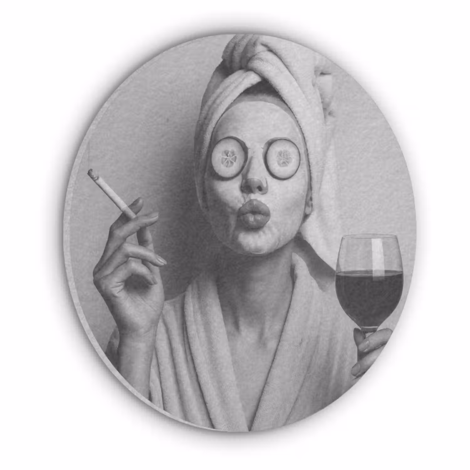 Akoestisch schilderij rond - Vrouw - Masker - Wijn - Sigaret