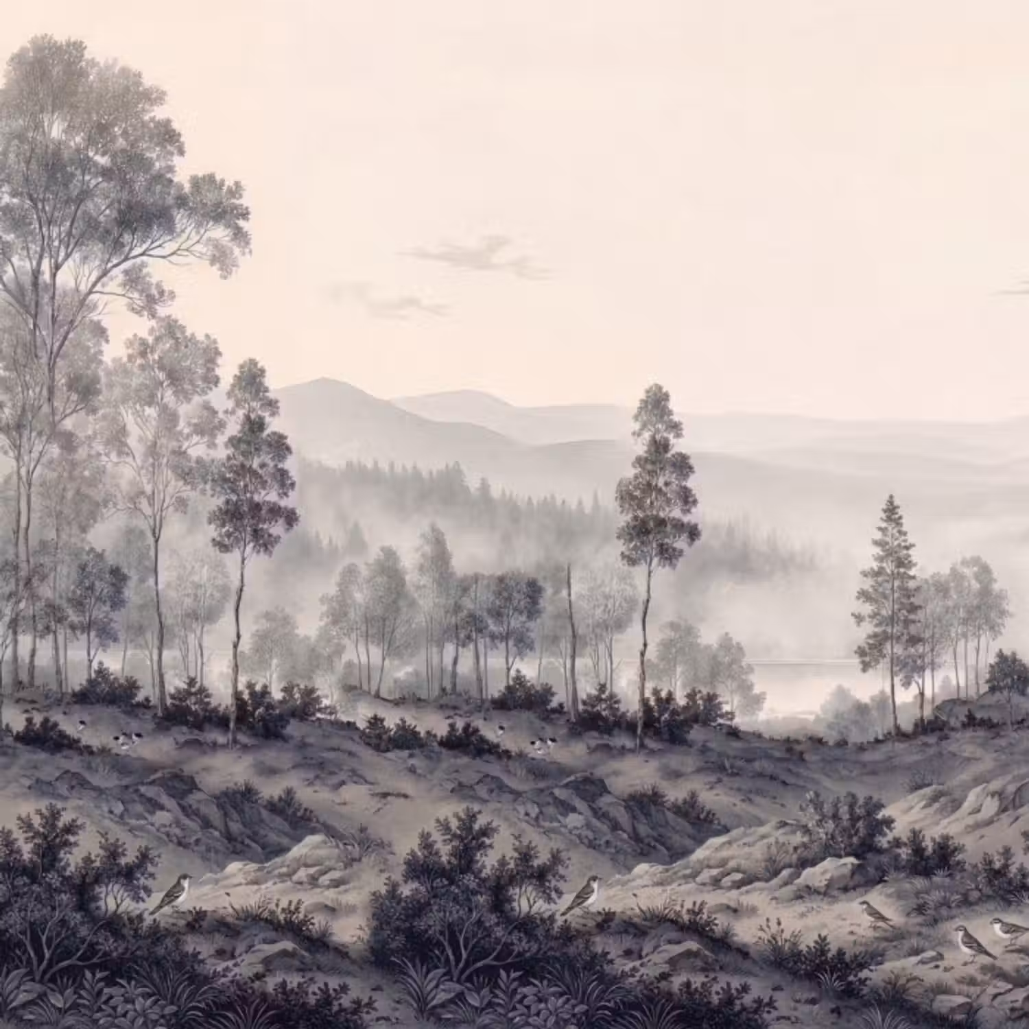 Behang - Mistig - Berglandschap - Illustratie
