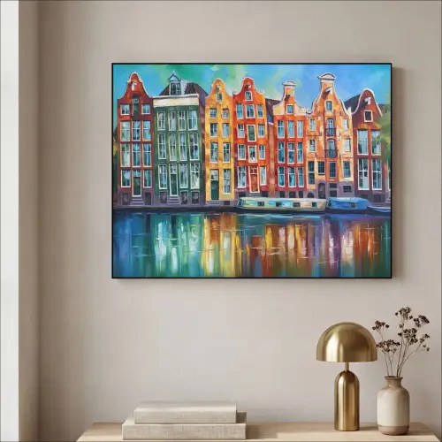 Amsterdam - Olieverf - Gracht - Schilderij - Kunst Textielframe zwart klein -sfeer2
