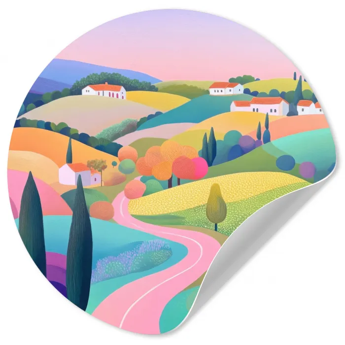 Landschap - Paars - Pastel - Huizen Wandcirkel behangsticker klein -3d
