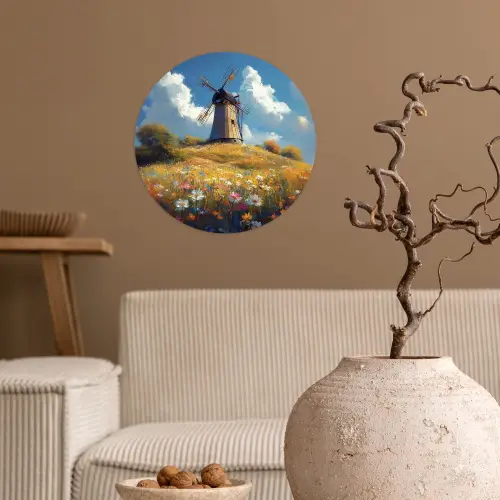 Windmolen - Heuvel - Bloemen - Kleurrijk Wandcirkel behangsticker klein -sfeer1
