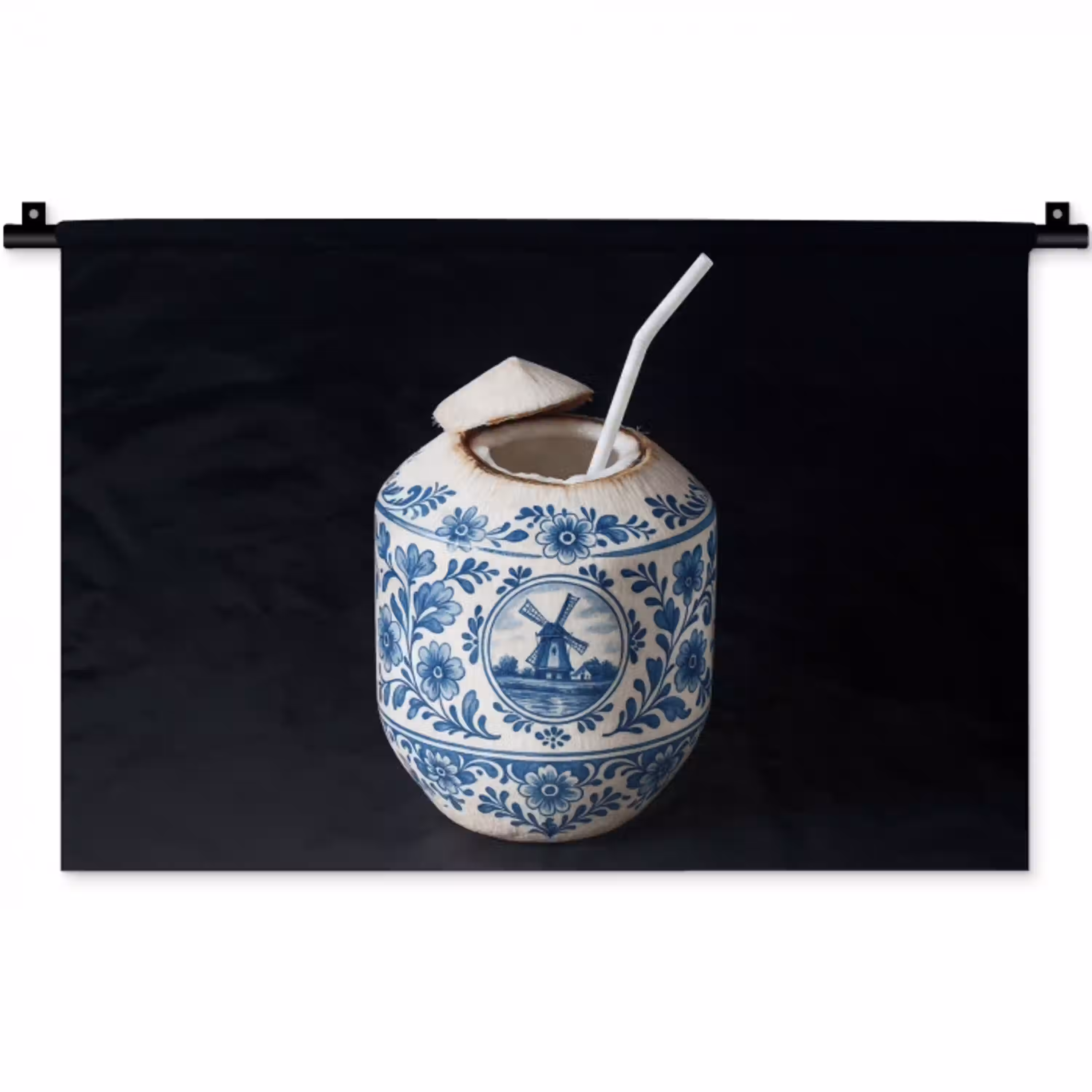 Kokosnoot - Eten - Delfts blauw - Drinken Wandkleed katoen klein -zz3d
