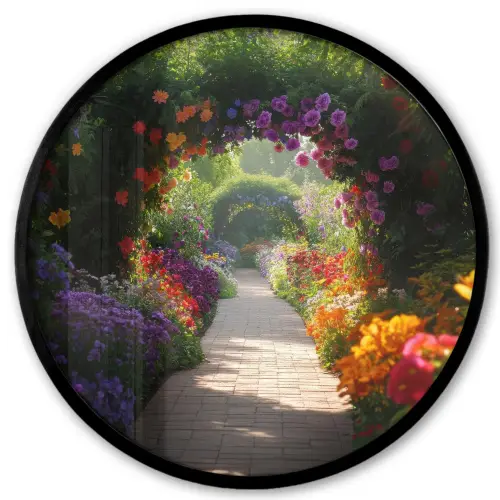 Doorkijk - Pad - Bloemen - Struik - Kleurrijk Fotolijst rond zonder passe partout klein -3d