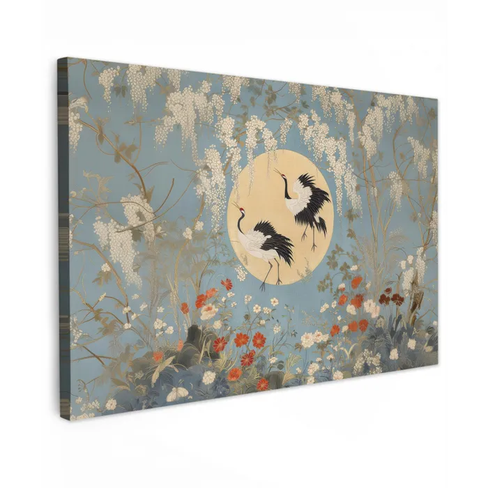 Kraanvogels - Maan - Bloemen - Blauw Tuinposter op houten frame 2 cm dik klein -3d