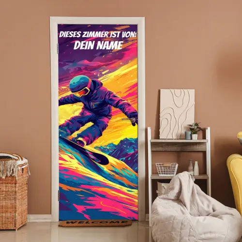 Snowboarder im Neon-Style auf bunter Piste mit personalisierbarem Namensfeld. deurposter klein -sfeer1