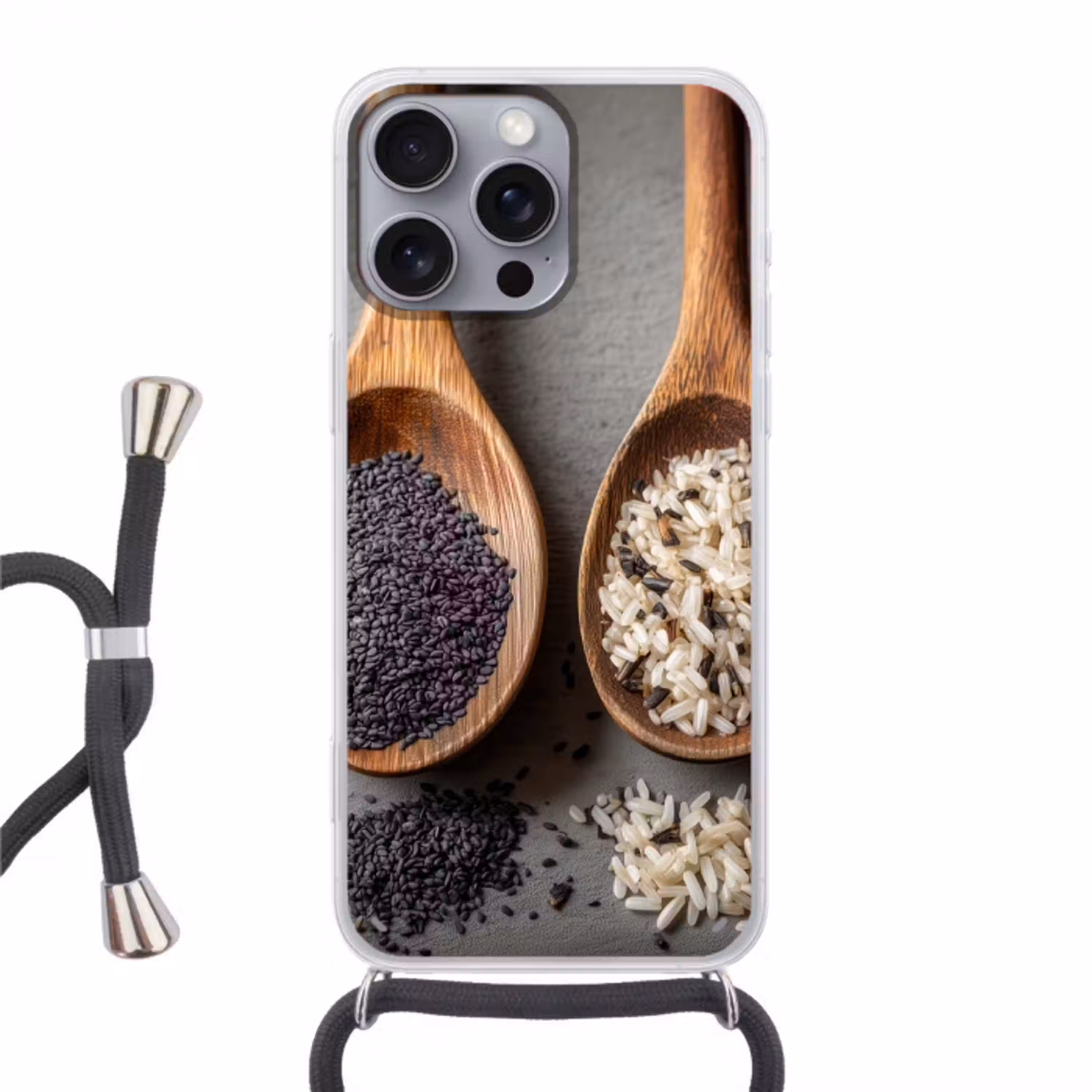 Houten - Lepels - Rijst - Zaden Hoesje iPhone 16 Pro Max met koord klein -3d