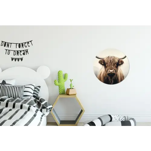 Schotse hooglander - Hoorns - Landschap Wandcirkel aluminium klein -kinderkamer