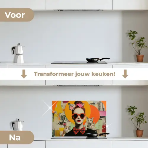 Vrouw - Bril - Strik - Retro keuken achterwand spatscherm klein -voor_na_NL