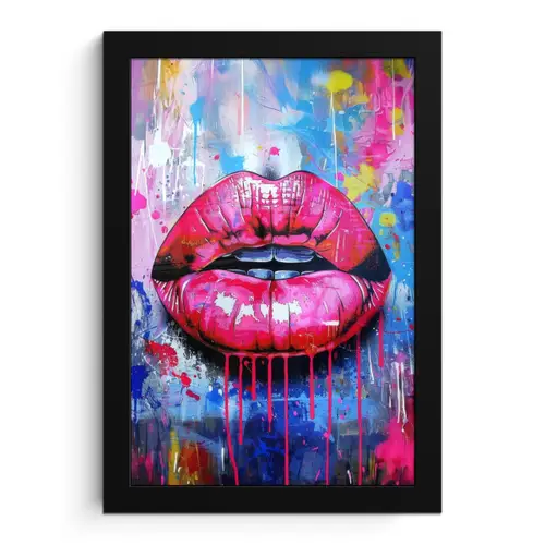 Graffiti - Lippen - Felroze - Geschilderd fotolijst zwart zonder passe partout klein -3d