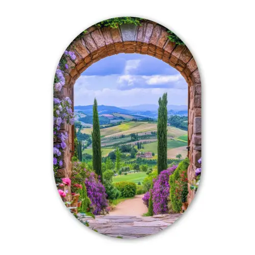 Doorkijk - Toscane - Landschap - Poort Wandcirkel Ovaal Glas middel -3d