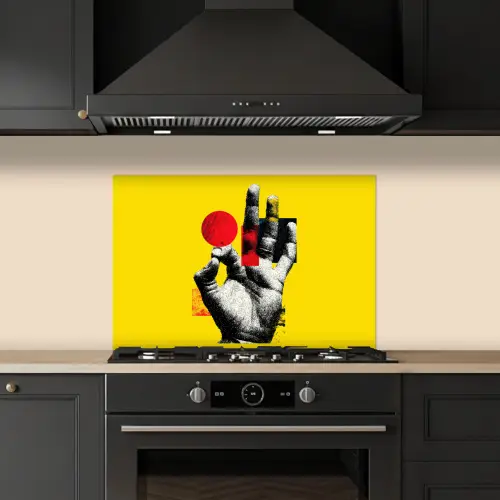 Hand - Rode cirkel - Geel keuken achterwand spatscherm klein -sfeer1