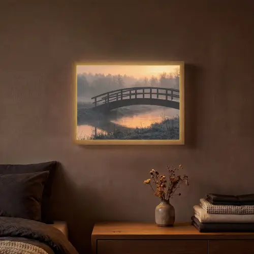 Brug - Mist - Bomen - Water Light Box met batterij (Wandlamp) middel -sfeer4