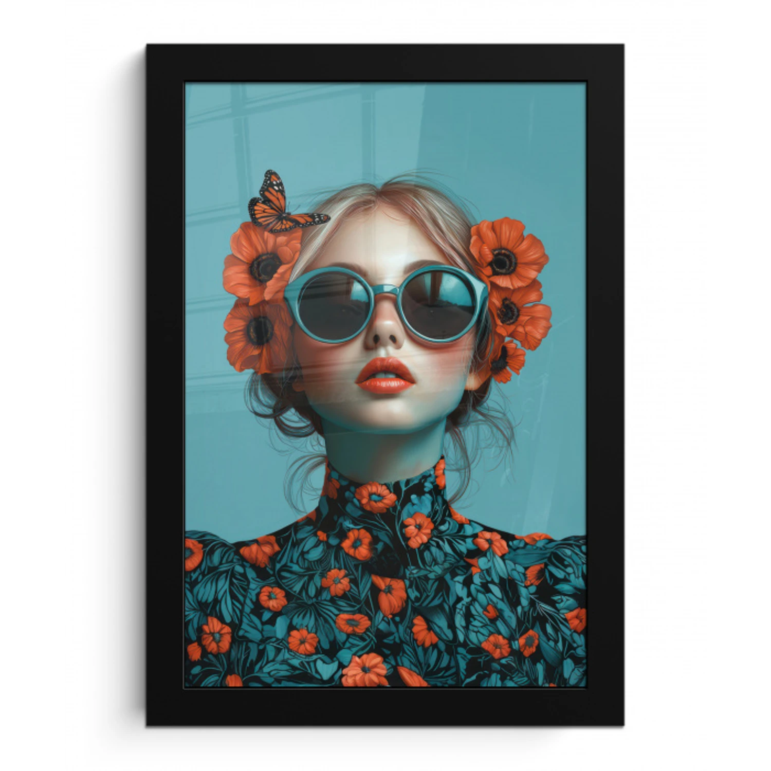 Vrouw - Blauw - Vlinder - Bloemen - Aesthetic fotolijst zwart zonder passe partout klein -3d