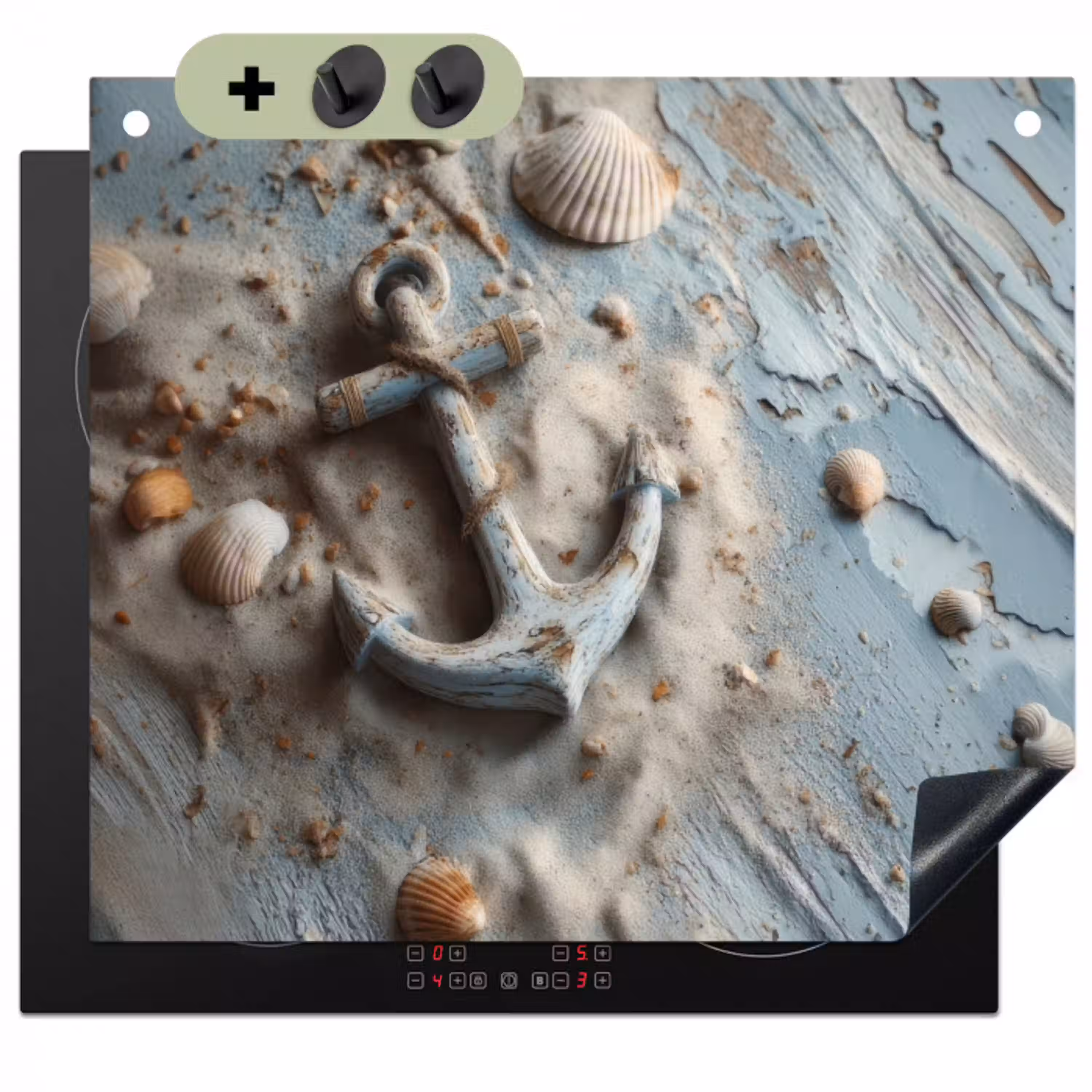 Anker - Hout - Schelpen - Zand Inductie beschemer met haakjes klein -3d