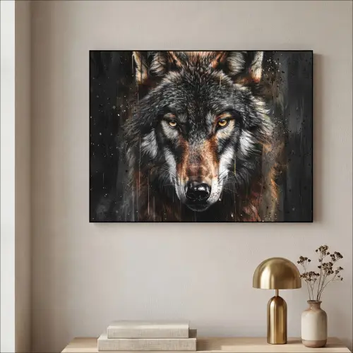 Dieren - Wolf - Portret - Zwart - Bruin Textielframe - compleet frame klein -sfeer2
