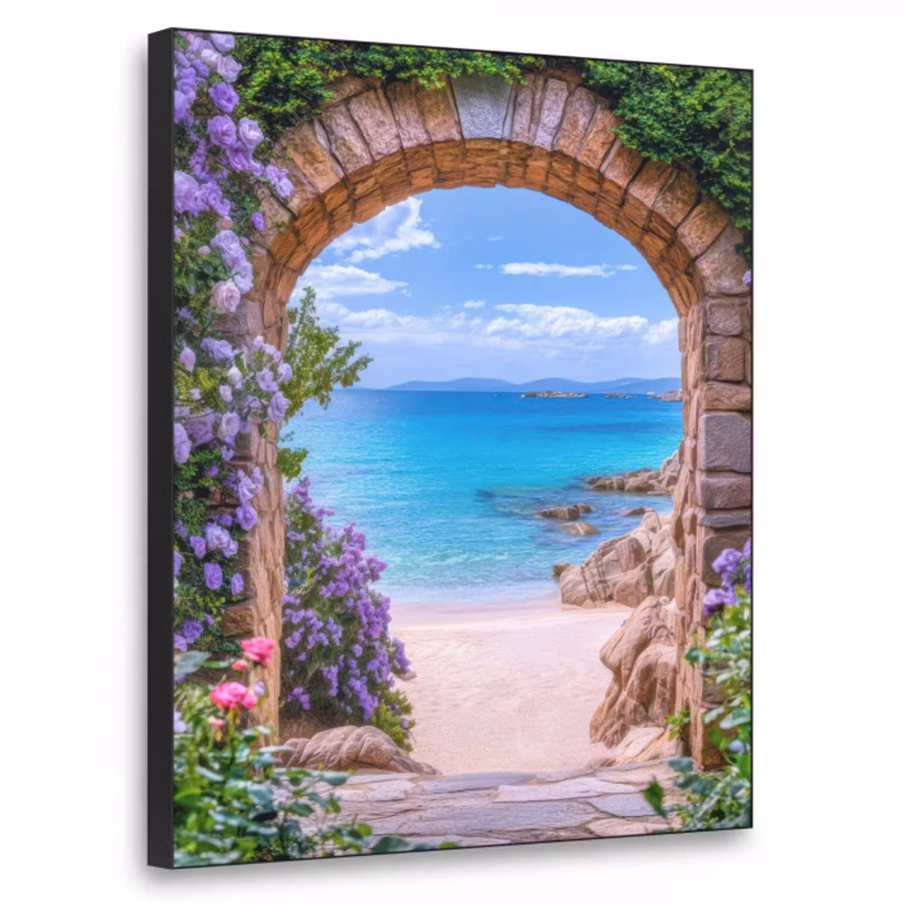 Doorkijk - Poort - Zee - Strand - Rotsen Textielframe - compleet frame klein -3d