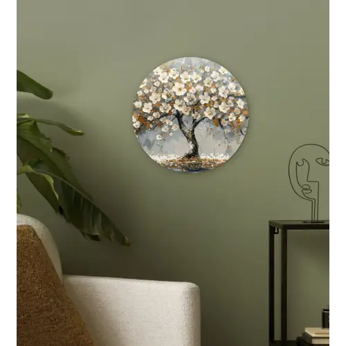 Boom - Bloemen - Wit - Natuur - Kunst Wandcirkel kunststof plaat 5mm dik klein -sfeer3