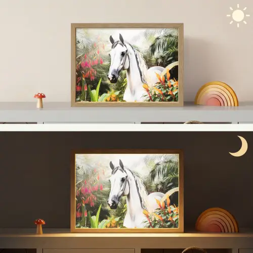 Paard - Wit - Bos - Bloemen - Planten Light Box met batterij (Wandlamp kind) middel -sfeer3_kind