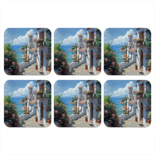Huizen - Zee - Bomen - Bloemen onderzetter kurk middel -3d