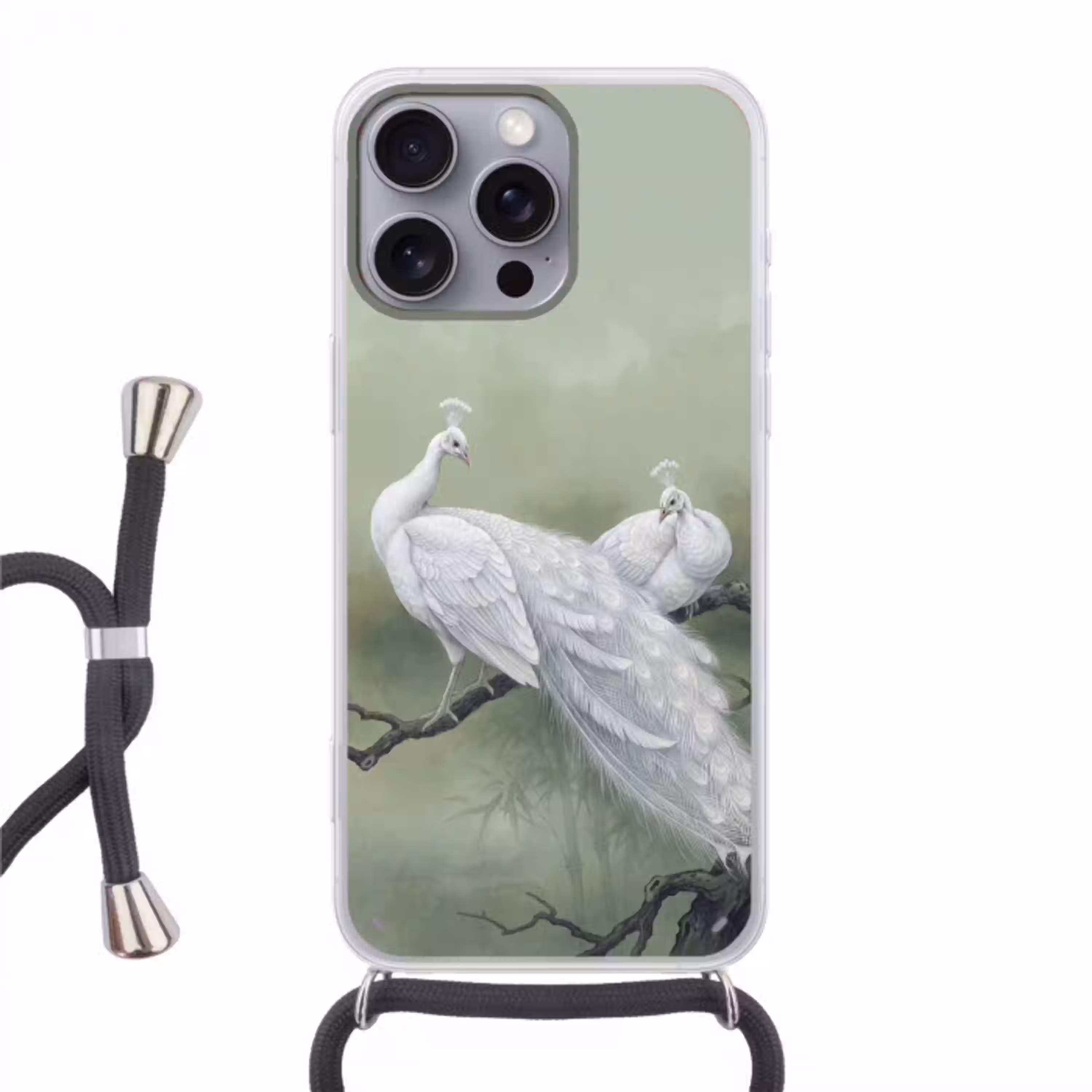 Pauwen - Wit - Natuur - Groen Hoesje iPhone 16 Pro Max met koord klein -3d