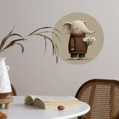 Olifant - Witte bloemen - Kindvriendelijk Wandcirkel behangsticker klein -sfeer3