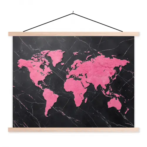 Wereldkaart - Roze - Marmer textielposter latten blank klein -3d