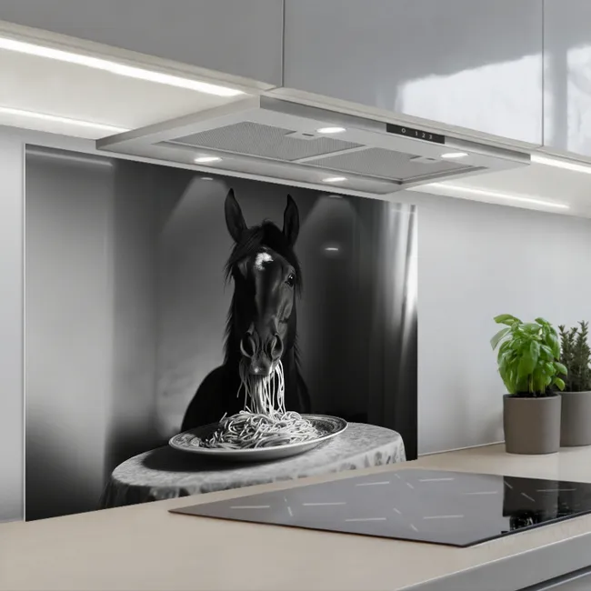 Spritzschutz Küche - Pferd - Teller - Pasta - Tischtuch - Schwarz und weiß - Tiere