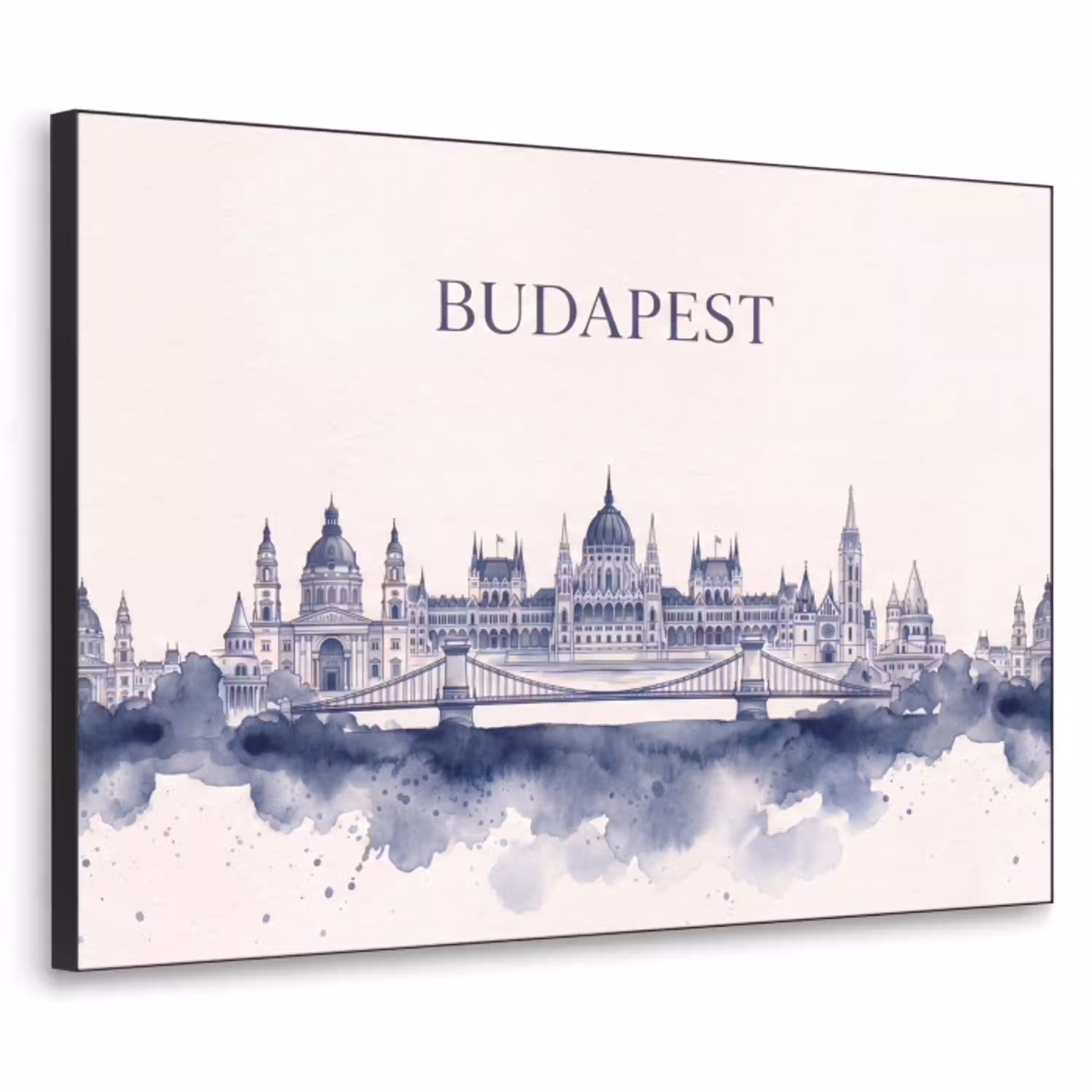 Boedapest - Skyline - Architectuur - Aquarel - Blauw Textielframe zwart klein -3d