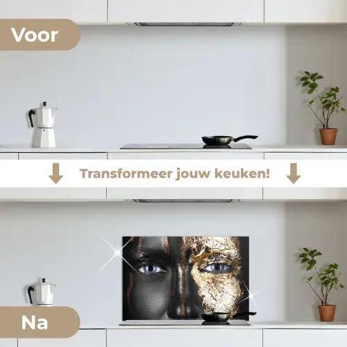 Vrouw - Bladgoud - Zwart - Goud - Luxe keuken achterwand spatscherm klein -voor_na_NL