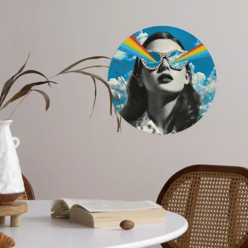 Vrouw - Bril - Regenboog - Wolken Wandcirkel behangsticker klein -sfeer3