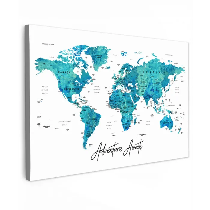 Wereldkaart - Blauw - Kleurrijk canvas 2cm klein -z3d