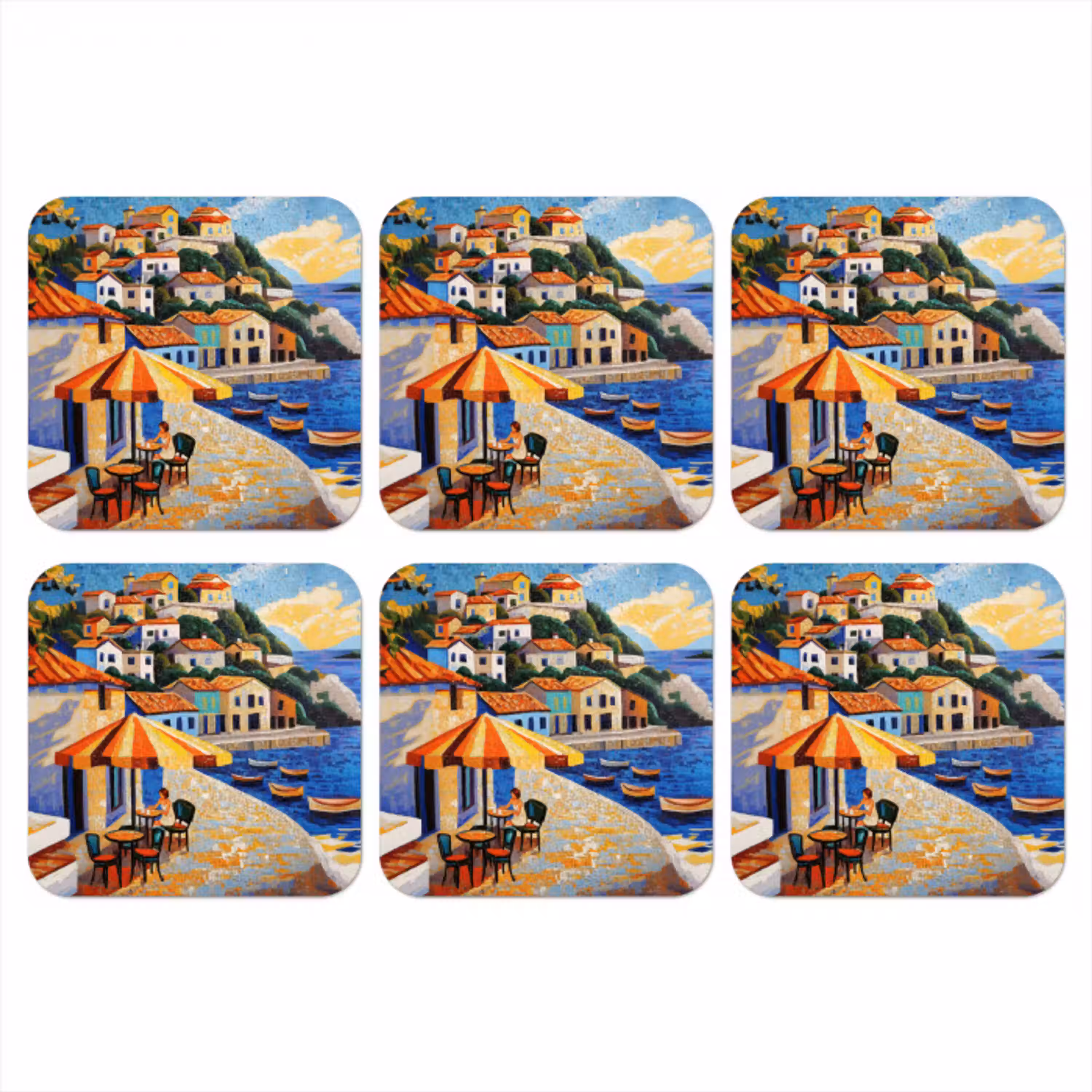 Kustdorp - Huisjes - Mozaïek - Zee onderzetter kurk middel -3d