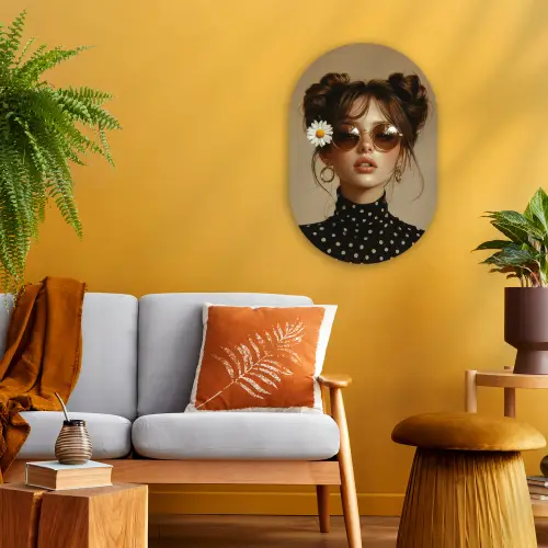 Vrouw - Beige - Bloem - Modern - Portret Wandcirkel Ovaal Forex klein -sfeer4